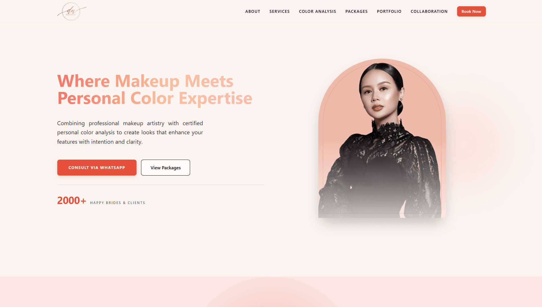 Homepage screenshot of the Dini Nurdiani beauty and personal color analysis website
