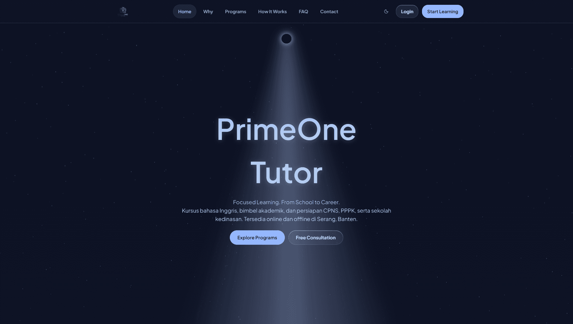 Homepage screenshot of the PrimeOne Tutor education website